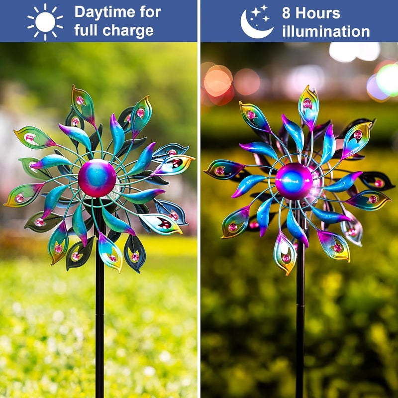 MXwcy 360°Peacock Solar Wind Spinner with Lights Blue Metal Garden Outdoor Decor Yard Lawn Art Decor for Patio Kinetic Windmills Unique Gifts for Friends and Family 51.9' H x 12.2'' Dia - Image 2